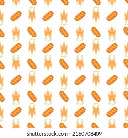 Seamless pattern with bread and ears of wheat on white background. Bright food print for textiles and design. Vector flat illustration