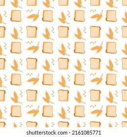 Seamless pattern with bread and ears of wheat on white background. Bright food print for textiles and design. Vector flat illustration