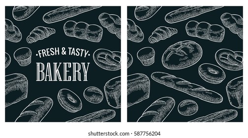 Seamless Pattern with Bread. Isolated on the dark background. Vector white hand drawn vintage engraving illustration for poster, label and menu bakery shop.