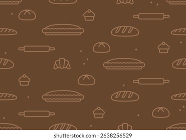 Seamless pattern with bread, pastry, croissant, cake. Sseamless pattern with bakery elements. Seamless pattern of bread and bakery products. Baked goods background. Vector illustration	
