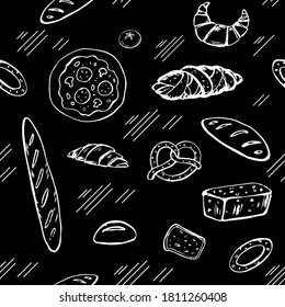 Seamless pattern from bread, rolls, croissant, pizza, pretzels. tomato, drawing branches, sketch of chenny contours lines, doodle objects.  for printable restaurant menu, cafe, card, poster, cover.
