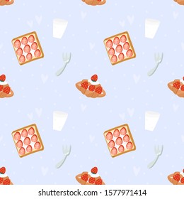 Seamless pattern bread topping with strawberry and milk.