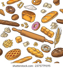 Seamless pattern with bread. Vector color and monochrome hand drawn vintage engraving illustration for bakery shop. Isolated on the white