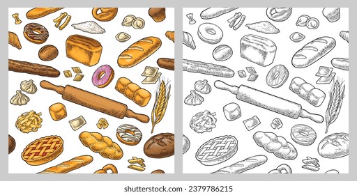 Seamless pattern with bread. Vector color and monochrome hand drawn vintage engraving illustration for bakery shop. Isolated on the white