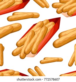 Seamless pattern breaded cheese sticks in red paper box flat style fastfood vector illustration isolated on white background web site page and mobile app design.