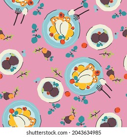 Seamless pattern with breakfast, dessert, fruits. Trendy cute vector illustration, background, wrapping paper