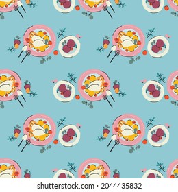 Seamless pattern with breakfast, dessert, fruits. Trendy cute vector illustration, background, wrapping paper