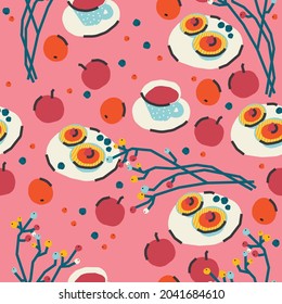 Seamless pattern with breakfast, dessert. Tea drinking. Trendy cute vector illustration, background, wrapping paper