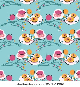 Seamless pattern with breakfast, dessert. Tea drinking. Trendy cute vector illustration, background, wrapping paper