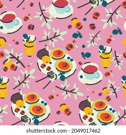 Seamless pattern with breakfast, dessert. Tea drinking. Trendy cute vector illustration, background, wrapping paper