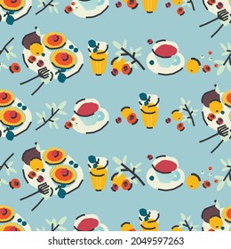 Seamless pattern with breakfast, dessert. Tea drinking. Trendy cute vector illustration, background, wrapping paper