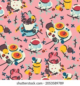 Seamless pattern with breakfast, dessert. Tea drinking. Trendy cute vector illustration, background, wrapping paper