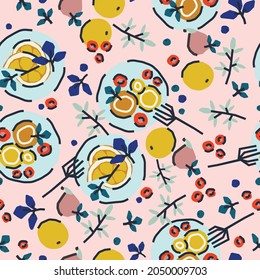 Seamless pattern with breakfast, dessert. Trendy cute vector illustration, background, wrapping paper