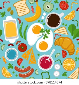 Seamless pattern. Breakfast. Eggs, fruit, coffee, vegetable, toast, sausage, jam, butter on blue background, flat style
