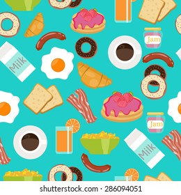 Seamless pattern with breakfast food - coffee, eggs, bacon, sausage, orange juice, cupcake, muffin, apple, pancakes, strawberry, toast. For your wallpaper, fabric, textile or wrapping paper.