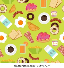 Seamless pattern with breakfast food - coffee, eggs, bacon, sausage, orange juice, cupcake, muffin, apple, pancakes, strawberry, toast. For your wallpaper, fabric, textile or wrapping paper.