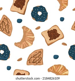 Seamless Pattern Breakfast Food Jam Bread Donut