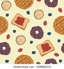 Seamless Pattern Breakfast Food Jam Bread Fruit Pie