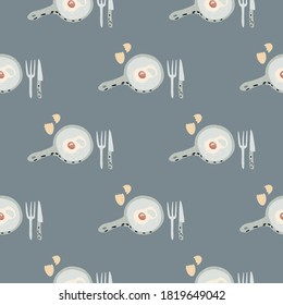 Seamless pattern with breakfast food ornament. Egg meal on pan wih knige and folk in pastel tones. Grey background. Perfect for wallpaper, textile, wrapping paper, fabric print. Vector illustration.