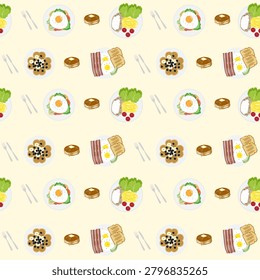 seamless pattern breakfast food with pancake, bacon, fried egg, tomato, bread, kale and waffle on yellow background.