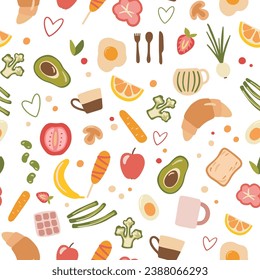 Patrón inmaculado con los alimentos para el desayuno y las verduras a mano. Ilustraciones planas aisladas en blanco. Manzana de garrapatas, brócoli, cruasán, salchicha, huevos revueltos, aguacate.