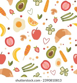 Patrón inmaculado con los alimentos para el desayuno y las verduras a mano. Ilustraciones planas aisladas en blanco. Dodles color brócoli, cruasán, salchicha, huevos revueltos, aguacate.