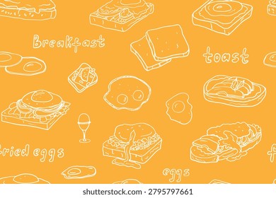 Seamless pattern of breakfast. Fried egg, scrambled egg, sandwich, toast. Food. Hand drawn