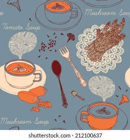 Seamless pattern. Breakfast. Kitchen. Vegetables, restaurant and vegetarian food.