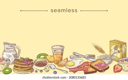 Seamless Pattern with Breakfast Meals, Doodle Composition of Pancakes, Tea, Orange Juice,Fried Eggs with Bacon, Hand Drawn Border or Sketch Frame with Engraved Elements. Linear Vector Illustration