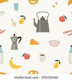 Seamless pattern of breakfast tools and food. Kettle, cups, plate with porridge, geyser coffee maker, milk bottle with glass, cheese, bacon, eggs, apple, banana, pears, and croissant.
