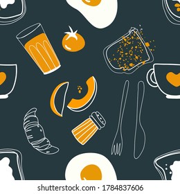 Seamless pattern. 
Breakfast. Various elements. Design for banner, card, placard, brochure 