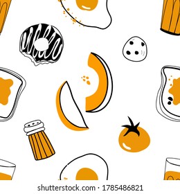 Seamless pattern. 
Breakfast. Various elements of scrambled eggs, tomato, toast, juice, knife and fork,fruits. 
Linear drawing style. Design for banner, card, placard, brochure 