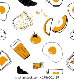 Seamless pattern. 
Breakfast. Various elements. Design for banner, card, placard, brochure 