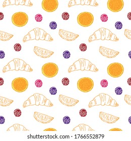 Seamless pattern Breakfast, vector illustration, croissant, berries and citrus, hand drawing