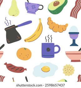 Seamless pattern with breakfest time elements in colorful modern style. Vector illustration.