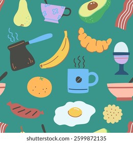 Seamless pattern with breakfest time elements in colorful modern style. Vector illustration.