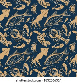 Seamless pattern with bream fish, lobster, squid, sea turtle, and king crab 