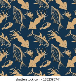 Seamless pattern with bream fish, salmon fish, squid and king crab 