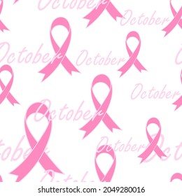 Seamless pattern. Breast Cancer awareness in October, pink ribbon. Hand drawn Vector background