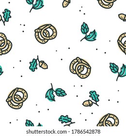 Seamless pattern for the brewing design, including a beer hop, bavarian pretzel and acorn