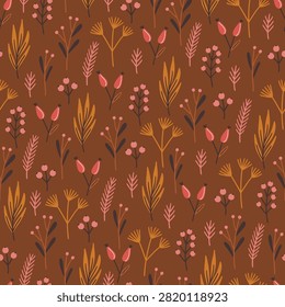 Seamless pattern with briar, berries, fir branches and leaves in Pink, Brown and Yellow. Perfect for wallpaper, gift paper, web page background, autumn greeting cards. Vector hand drawn illustration
