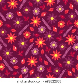 Seamless pattern with briar, chrysantemum and leaves on violet background. Perfect for wallpaper, gift paper, autumn greeting cards.