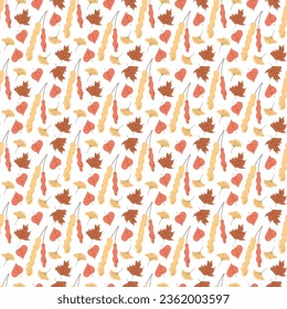 Seamless pattern with brich catkins and autumn leaves. Color flat vector illustration.