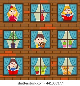 seamless pattern brick wall with children in windows - vector illustration, eps