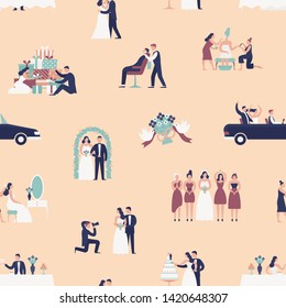 Seamless pattern with bride and groom preparing for wedding ceremony. Backdrop with preparations for marriage and celebration party on light background. Flat cartoon colorful vector illustration.