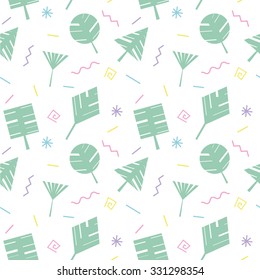 Seamless pattern in bright 80s style with abstract leafs and geometric shapes 3