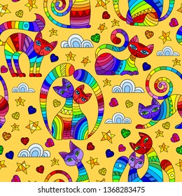 Seamless pattern with bright abstract cats, stars and hearts, color drawings on yellow background