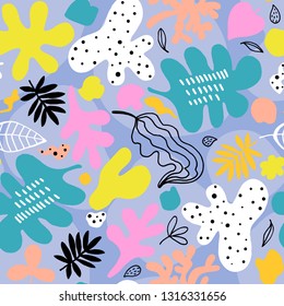 Seamless pattern with bright abstract floral elements on lilac background. Vetor illustration.