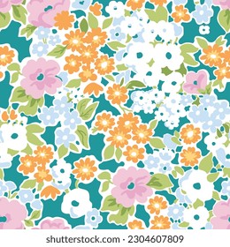 Seamless pattern. Bright abstract floral pattern on a green background with a white outline. Illustrations of nature with pink, blue and orange flowers.