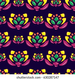 Seamless pattern with bright abstract floral elements on dark background